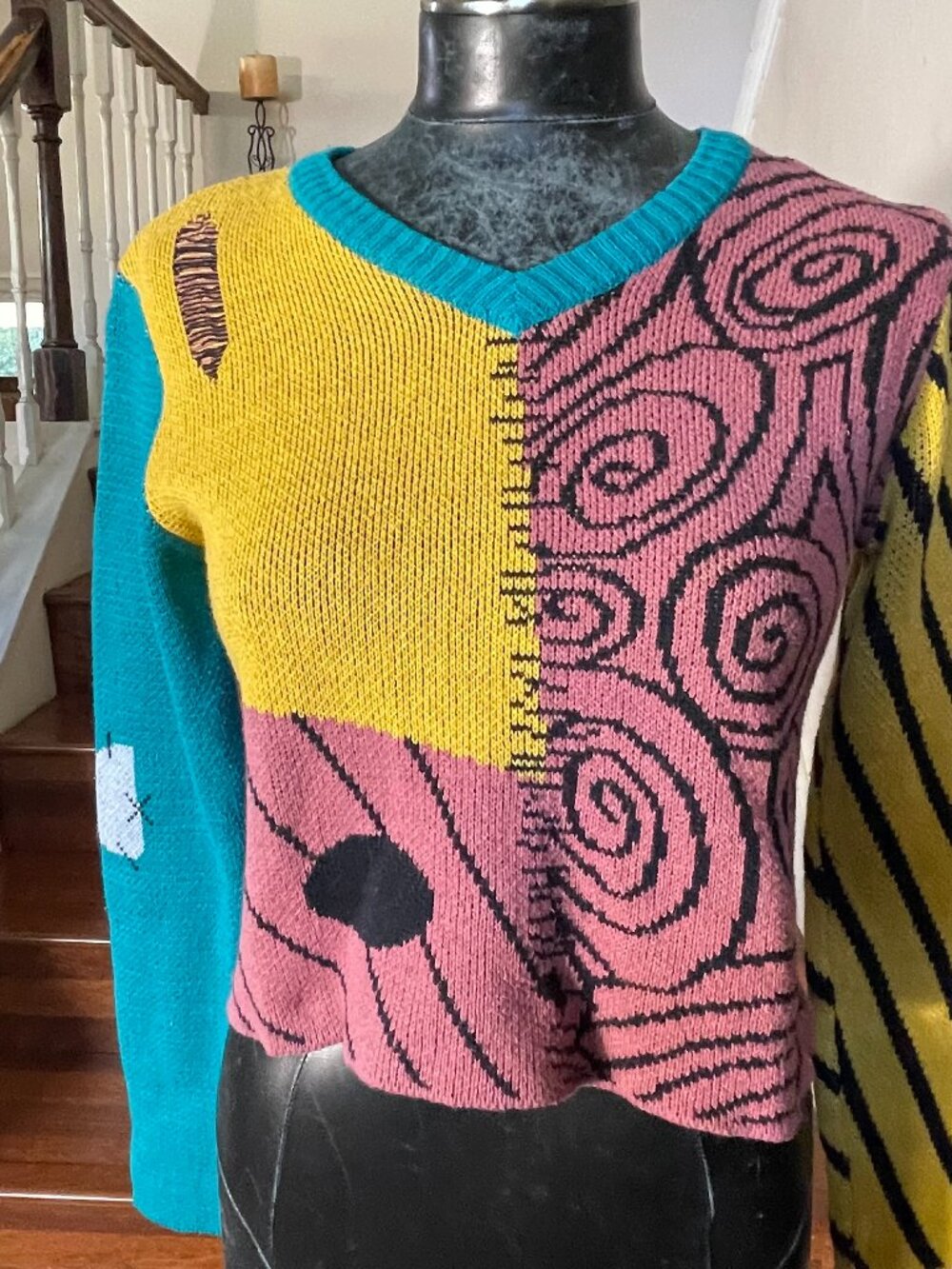 DISNEY THE NIGHTMARE BEFORE CHRISTMAS SALLY KNIT SWEATER WOMENS SIZE S PATCHWORK